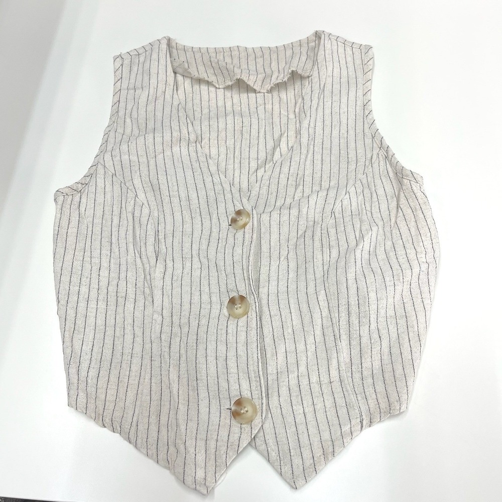 SHEIN Women Pinstripe Button Front Linen Blend Vest Oatmeal Beige Small
